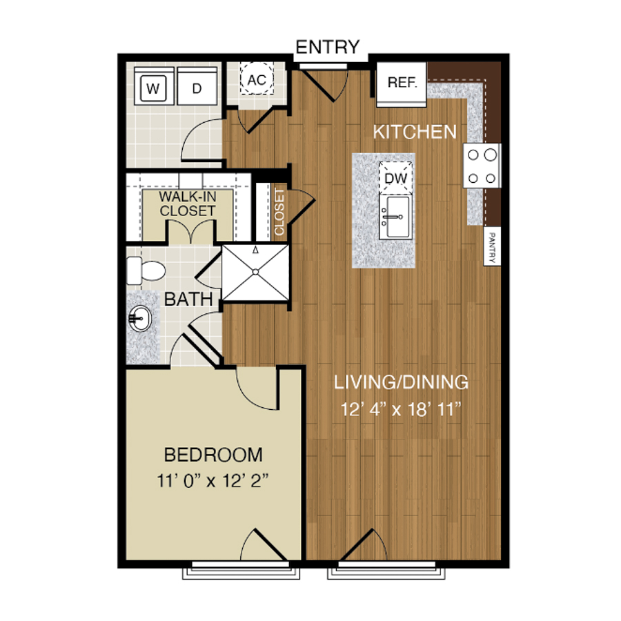 Rendering of the A4-Furnished Unit floor plan with 1 bedroom[s] and 1 bathroom[s] at 