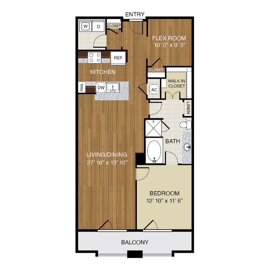 Rendering of the A7 floor plan with 1 bedroom[s] and 1 bathroom[s] at 