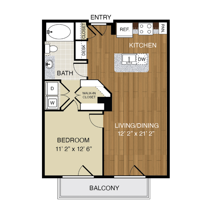 Rendering of the A3 floor plan with 1 bedroom[s] and 1 bathroom[s] at 
